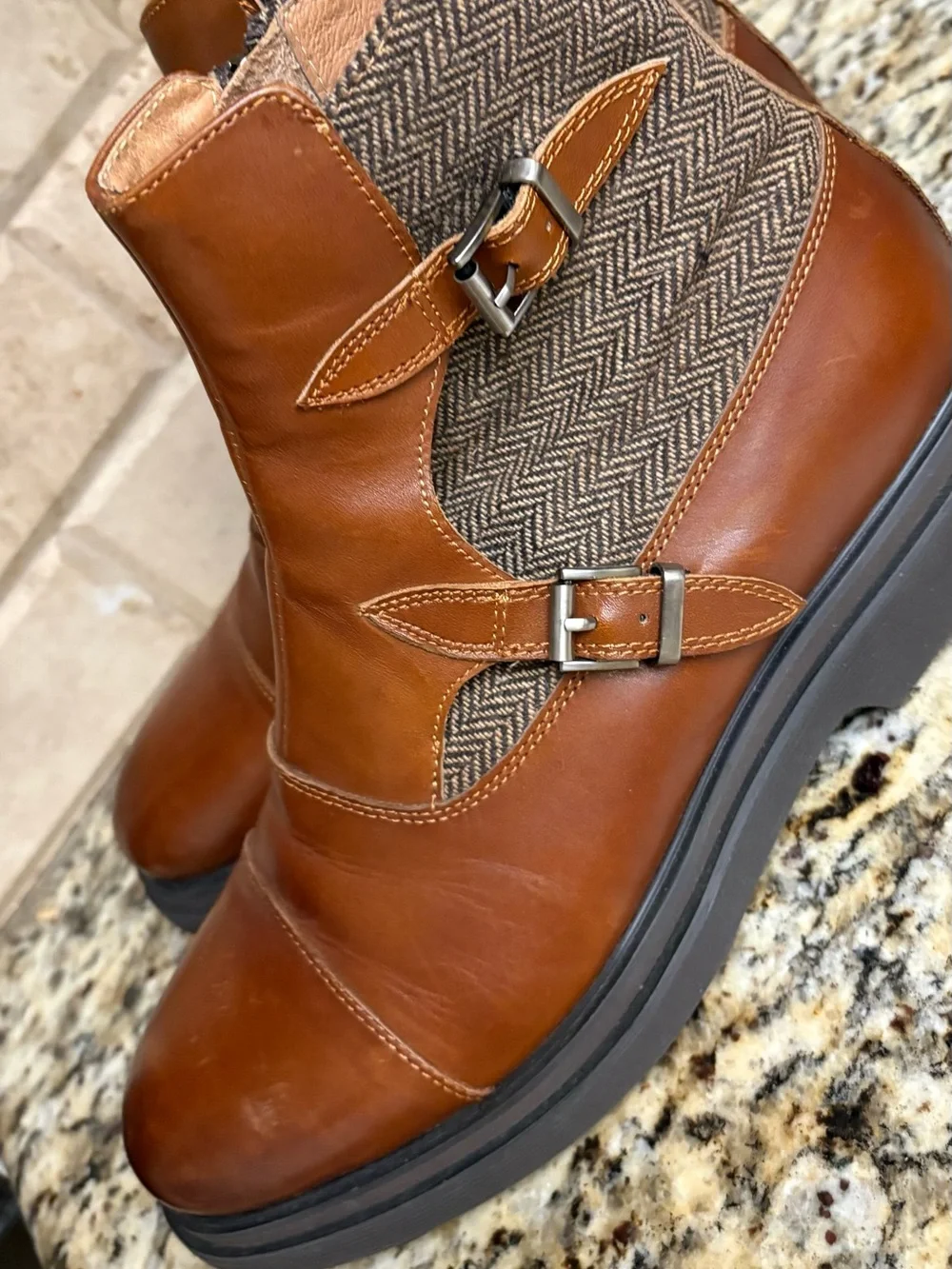 Men's Leather Ankle Boots in Cognac with Herringbone Panel